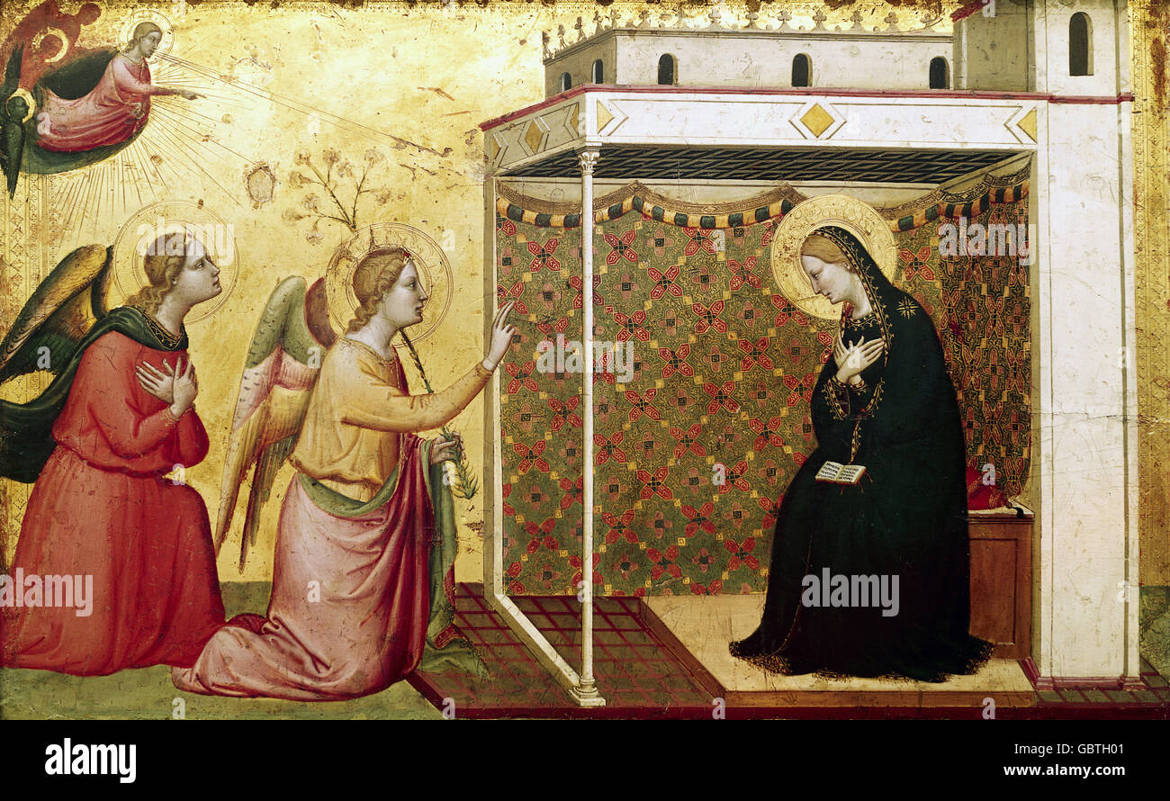 fine arts, religious art, Saint Mary, annunciation, painting by Bernardo Daddi (1313 - 1348), panel, Stock Photo