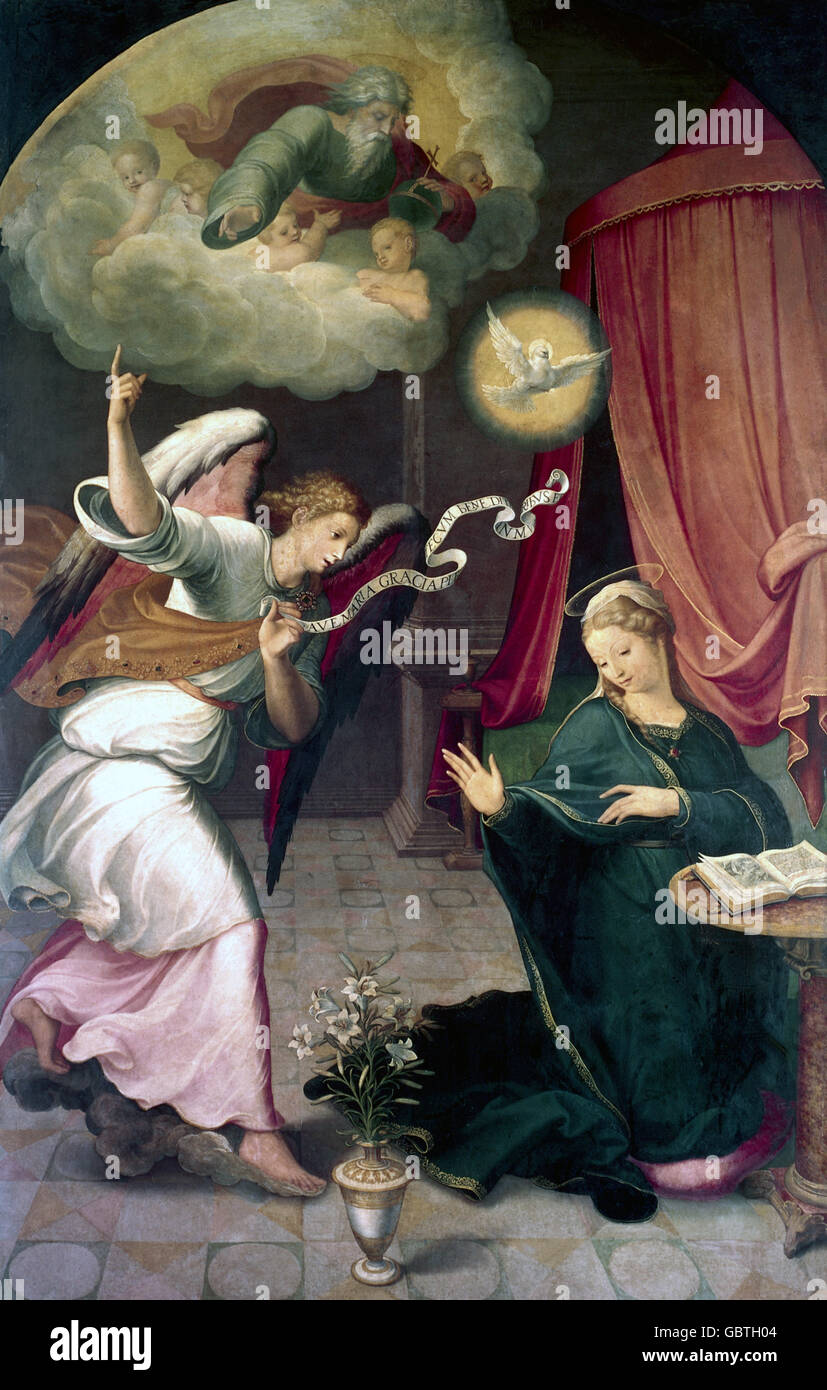 fine arts, religious art, Saint Mary, annunciation, painting by Juan Correa de Vivar (1646 - 1716), Stock Photo