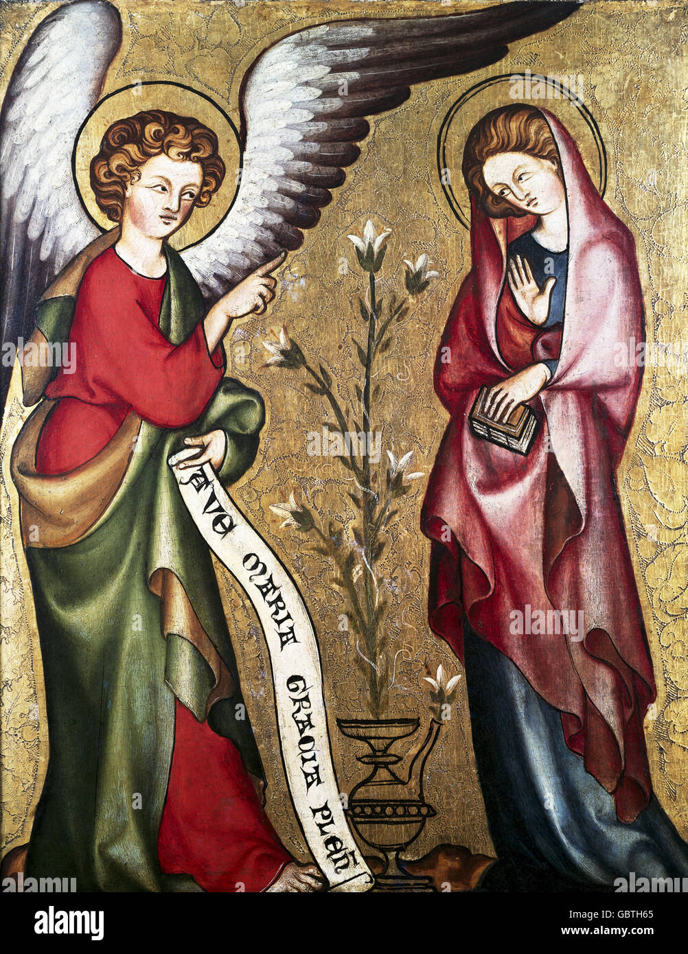 fine arts, religious art, Saint Mary, Annunciation of the Blessed Virgin Mary, painting, panel, Cologne master, circa 1310, Wallraf-Richardtz-Museum, Cologne, Stock Photo