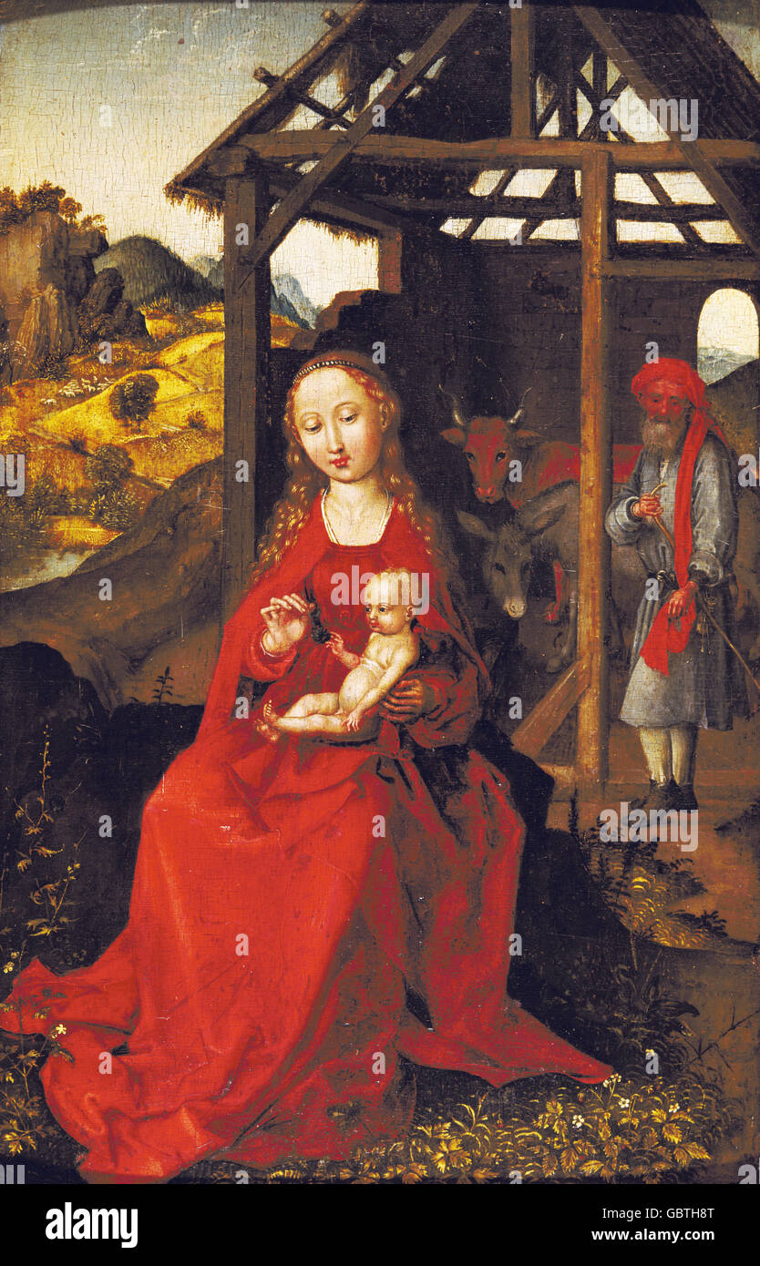 fine arts, Schongauer, Martin (circa 1450 - 1491), painting, 'The Holy Family' ('Die Heilige Familie'), tempera on wood, 1475 - 1480, Alte Pinakothek, Munich, Stock Photo