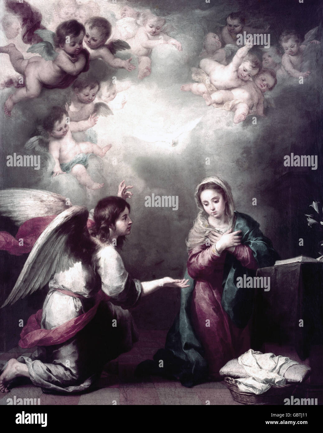 fine arts, religious art, Saint Mary, annunciation, painting of Bartolome Esteban Murillo (1618 - 1682), oil on canvas, Prado, Madrid, Stock Photo