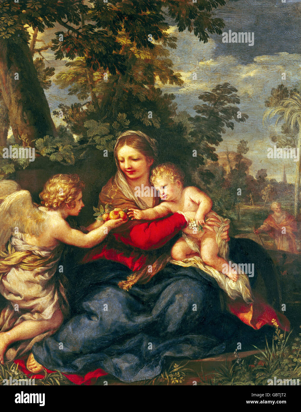 fine arts, Pietro da Cortona (1596 - 1669), painting, "The Holy Familiy resting during the flight into Egypt", oil on copper, circa 1643, Alte Pinakothek, Munich, Stock Photo