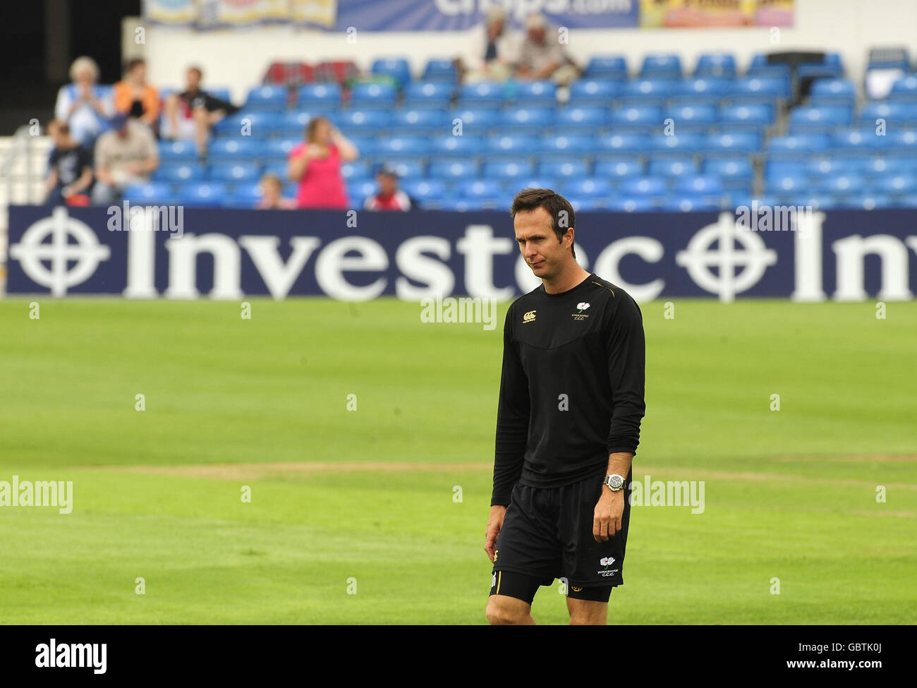 Former England Cricket Captain Michael Vaughan on the Headingley pitch after talking to his Yorkshire Cricket Club colleagues at Headingley Carnegie, Leeds. Stock Photo