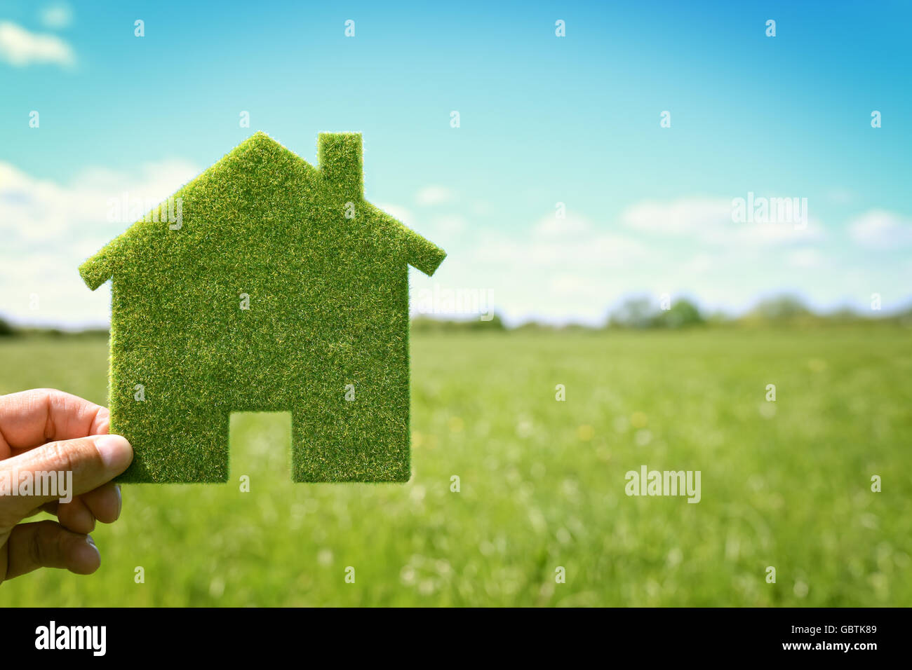 Green eco house environmental background in field for future residential building plot Stock Photo