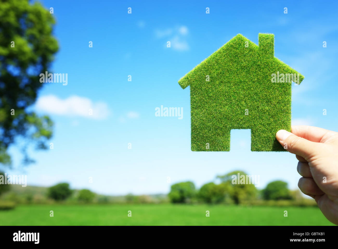 Green ecological house in empty field Stock Photo