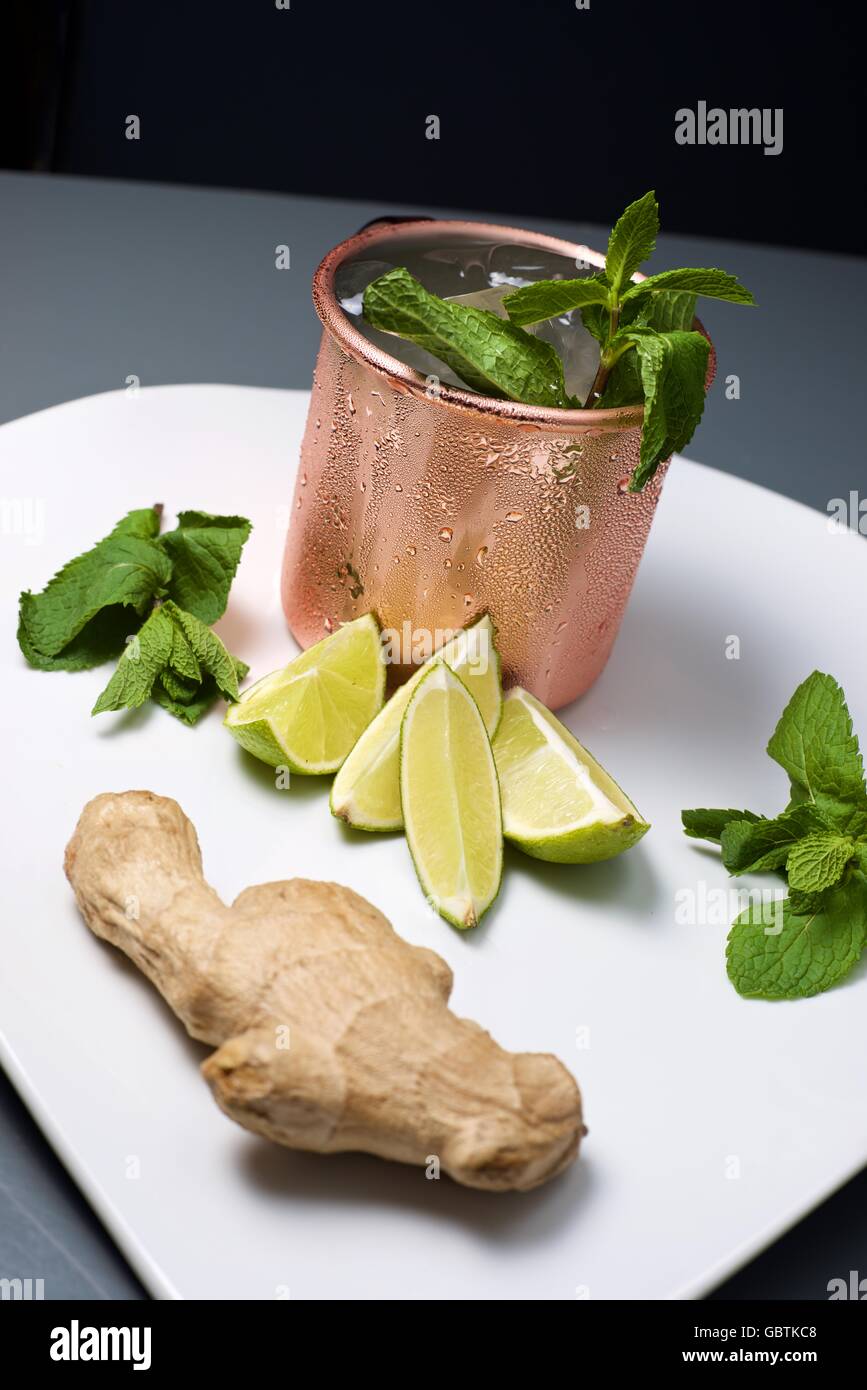 Moscow mule, also known as Vodka buck, and ingredients. Stock Photo
