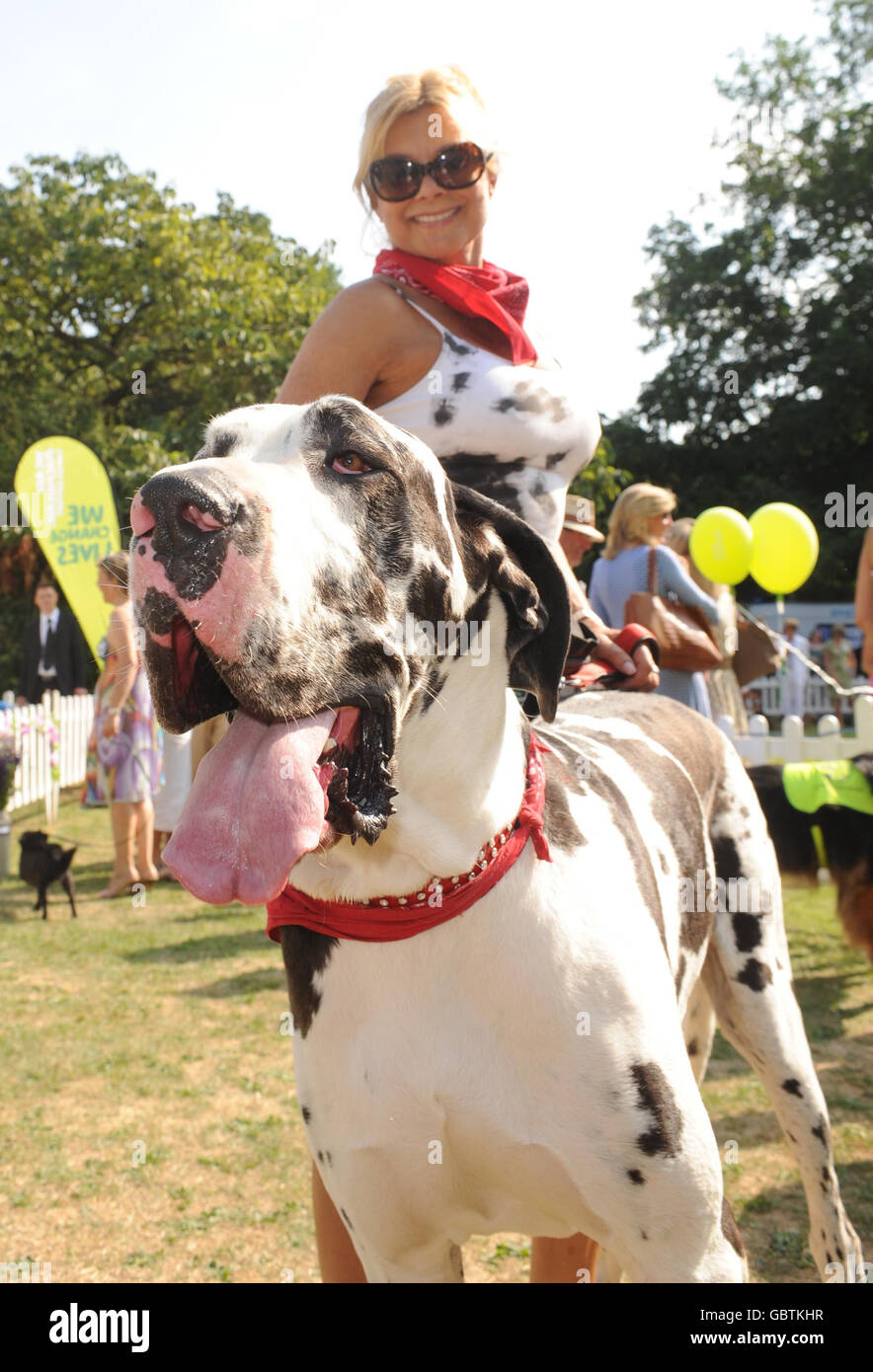 Jilly Johnson with her dog Boris during the Macmillan Dog Day 2009 at the Royal Chelsea Hospital in south west London. Stock Photo