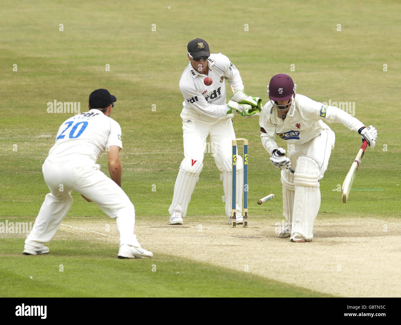 Somerset's Max Waller is clean bowled by Sussex's Piyush Chawla during the Liverpool Victoria County Championship match at the County Ground, Hove. Stock Photo