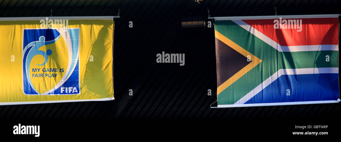 A general view of a FIFA My Game is Fair Play banner flying next to the  flag of South Africa Stock Photo - Alamy