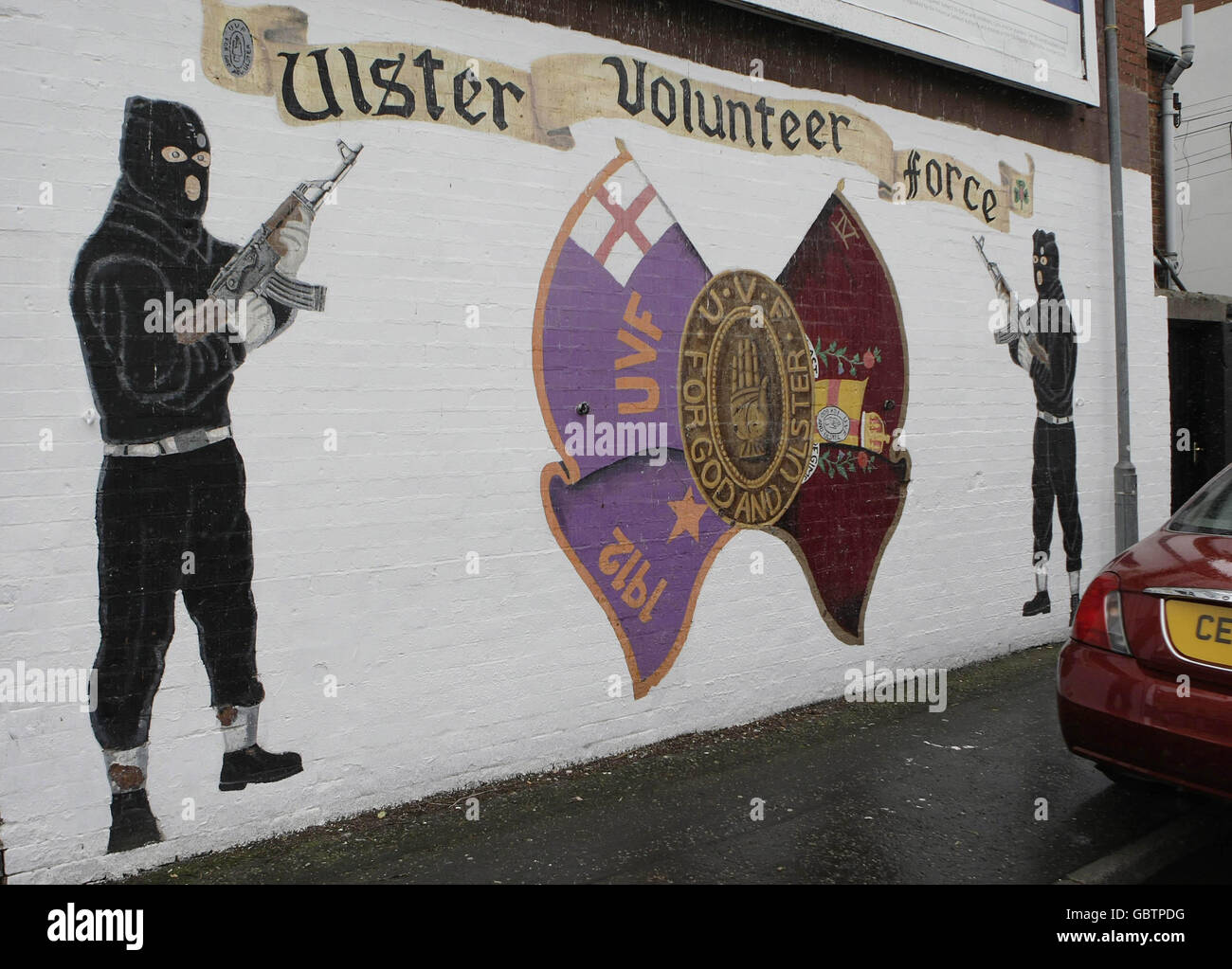 Detail from an Ulster Volunteer Force mural in East Belfast as Loyalist paramilitary groups in Northern Ireland could be on the verge of decommissioning their weapons, it was claimed today. Stock Photo