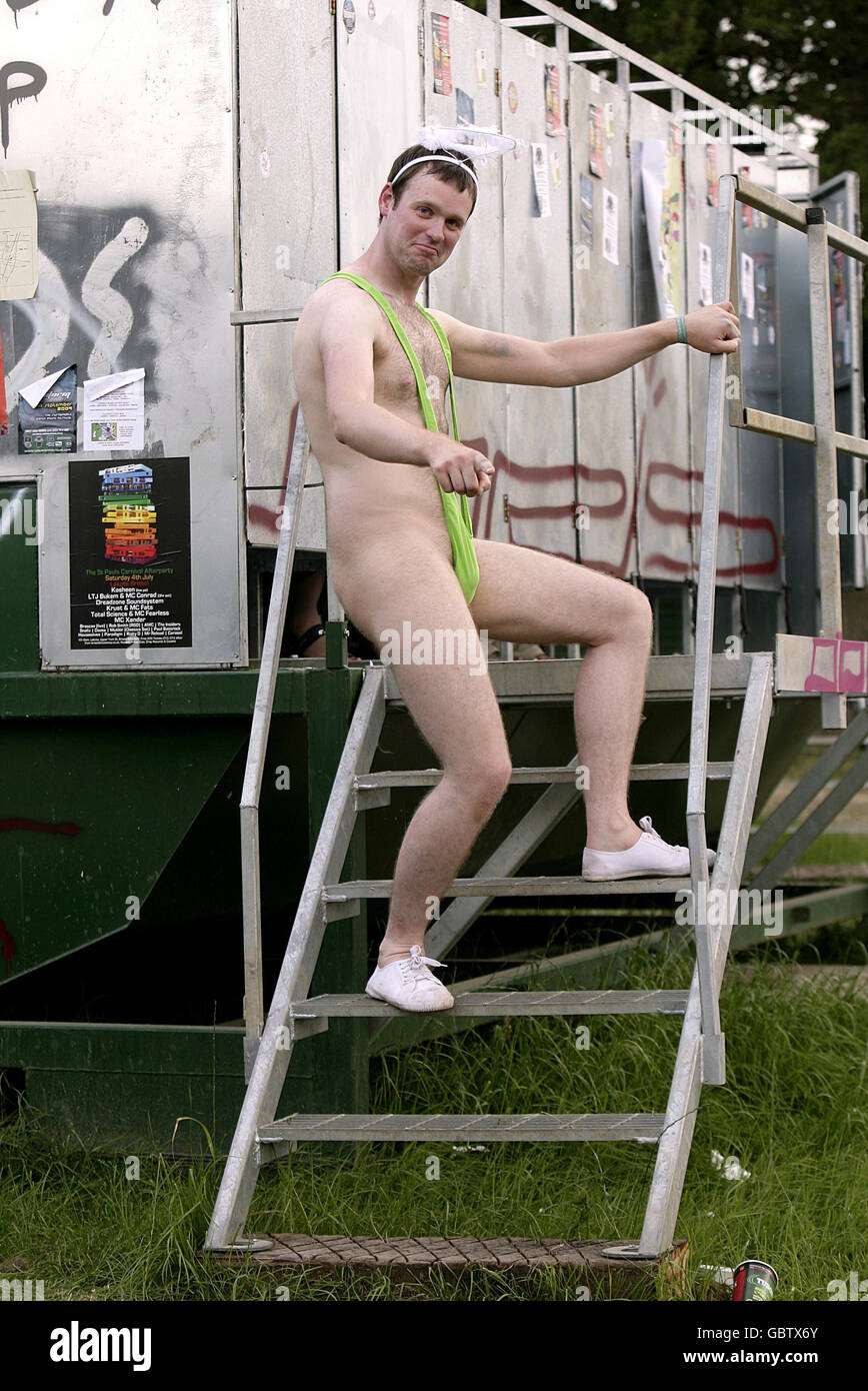A festival goer (name not known) wears a mankini at the 2009 Glastonbury Festival taking place at Worthy Farm in Somerset. Stock Photo