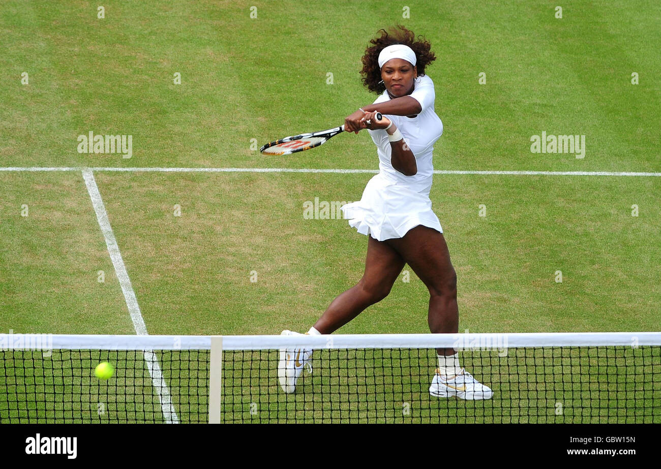 Serena Williams in her doubles match with Venus Williams during the Wimbledon Championships at the All England Lawn Tennis and Croquet Club, Wimbledon, London. Stock Photo