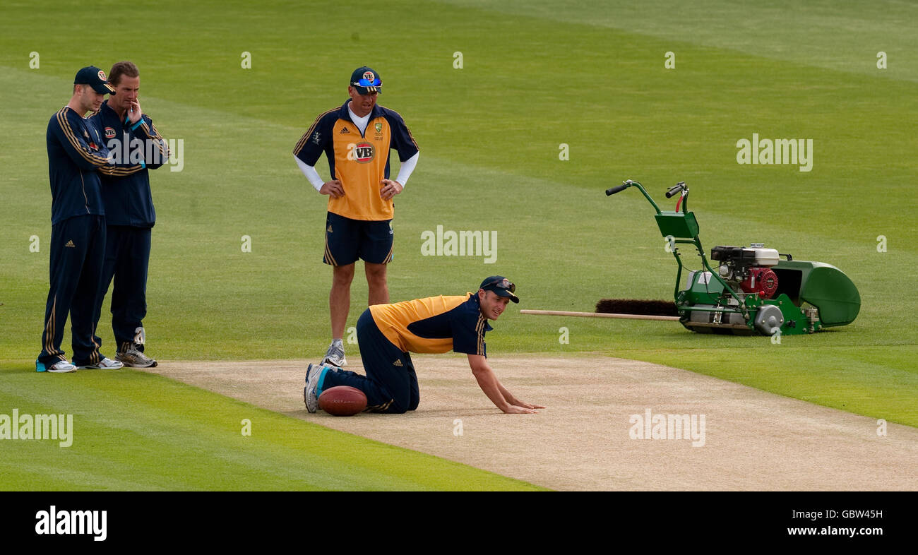 Australia's Michael Hussey inspect the pitch during the nets session at Sophia Gardens, Cardiff. Stock Photo