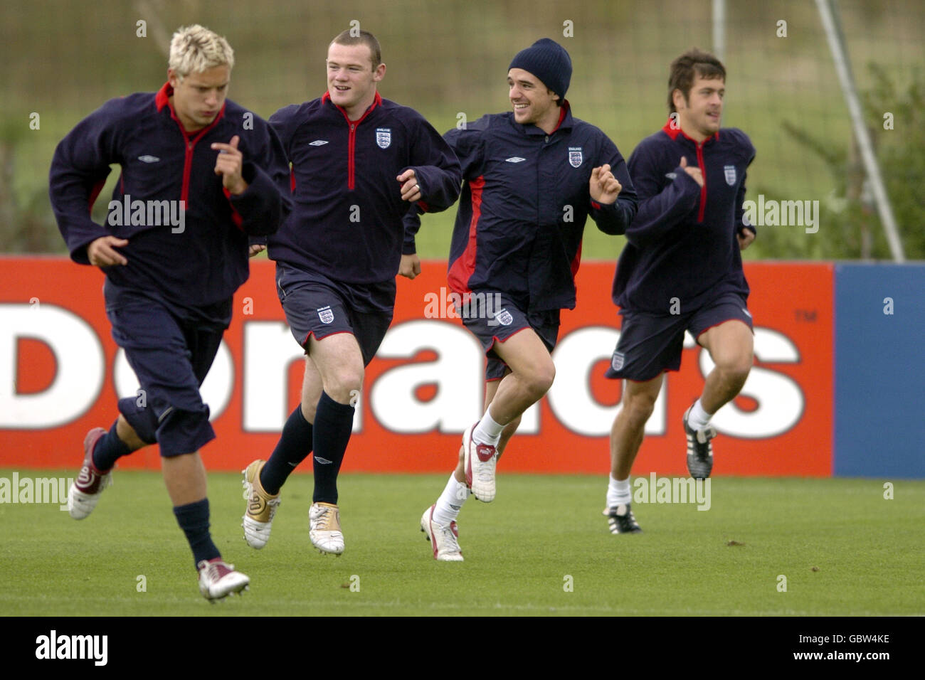 l-r; England's Alan Smith, Wayne Rooney, Owen Hargreaves and Joe Cole during the training session Stock Photo