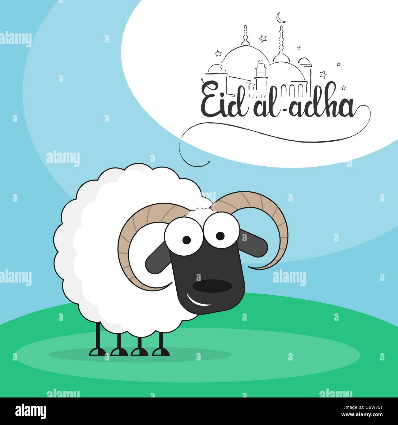 Cute sheep on a green meadow flat style vector illustration with Eid al-Adha handwritten lettering for Muslim holiday Bakr-Eid Stock Vector