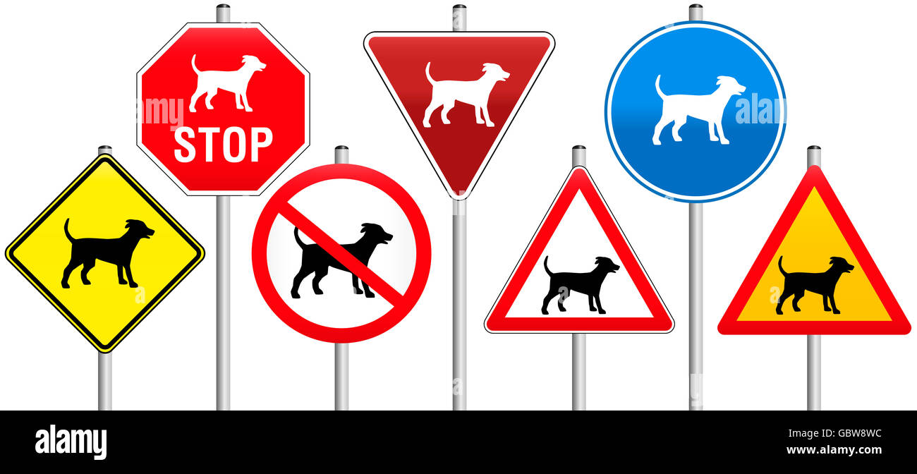 Seven traffic signs concerning dogs, like warning- stop- yield- or prohibition-signs. Stock Photo