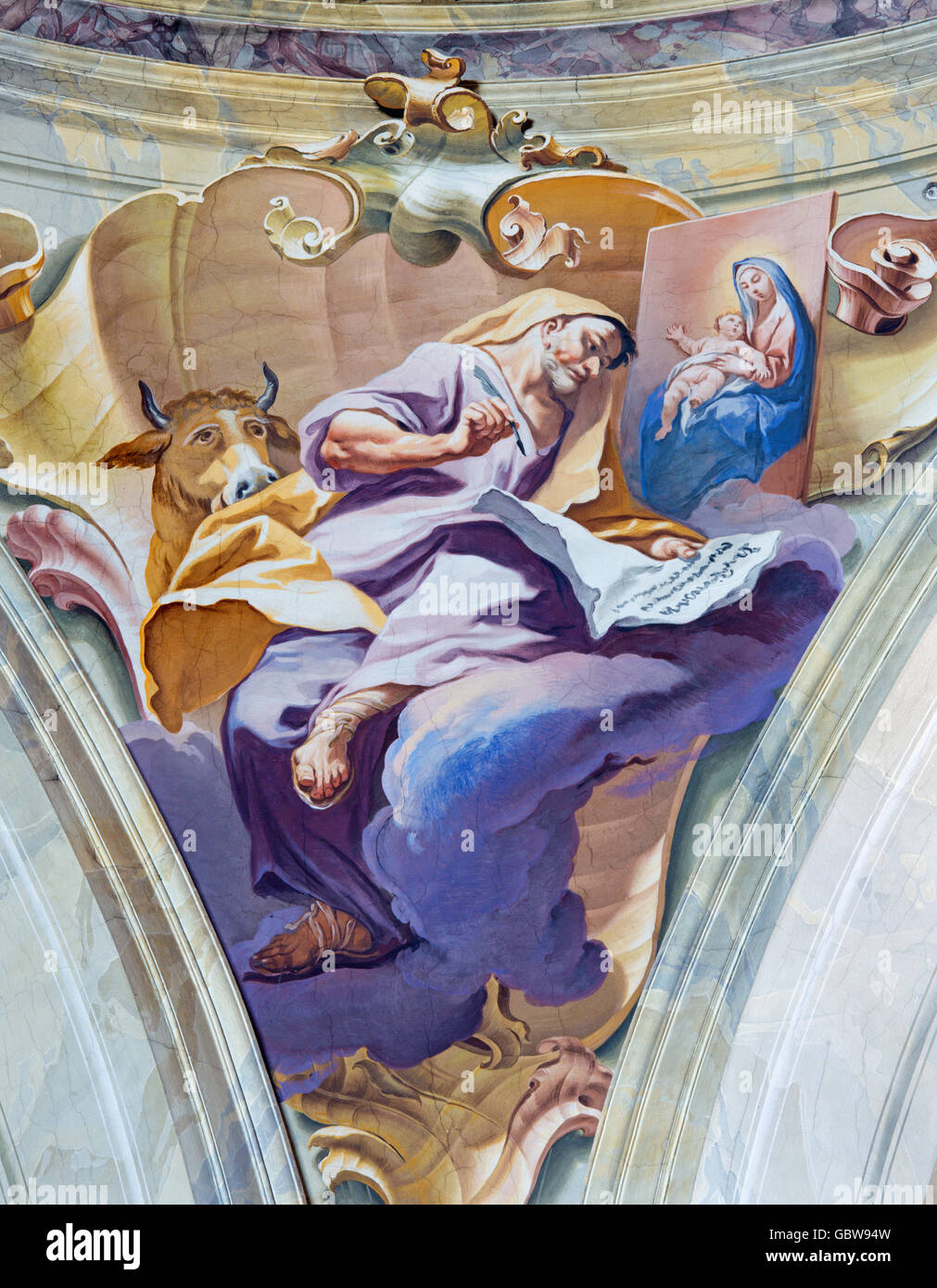 BRESCIA, ITALY - May well 23, 2016: The fresco snatch st. Luke the Evangelist envelop cupola of Chiesa di Sant'Afra church by Antonio Mazza Store Photo