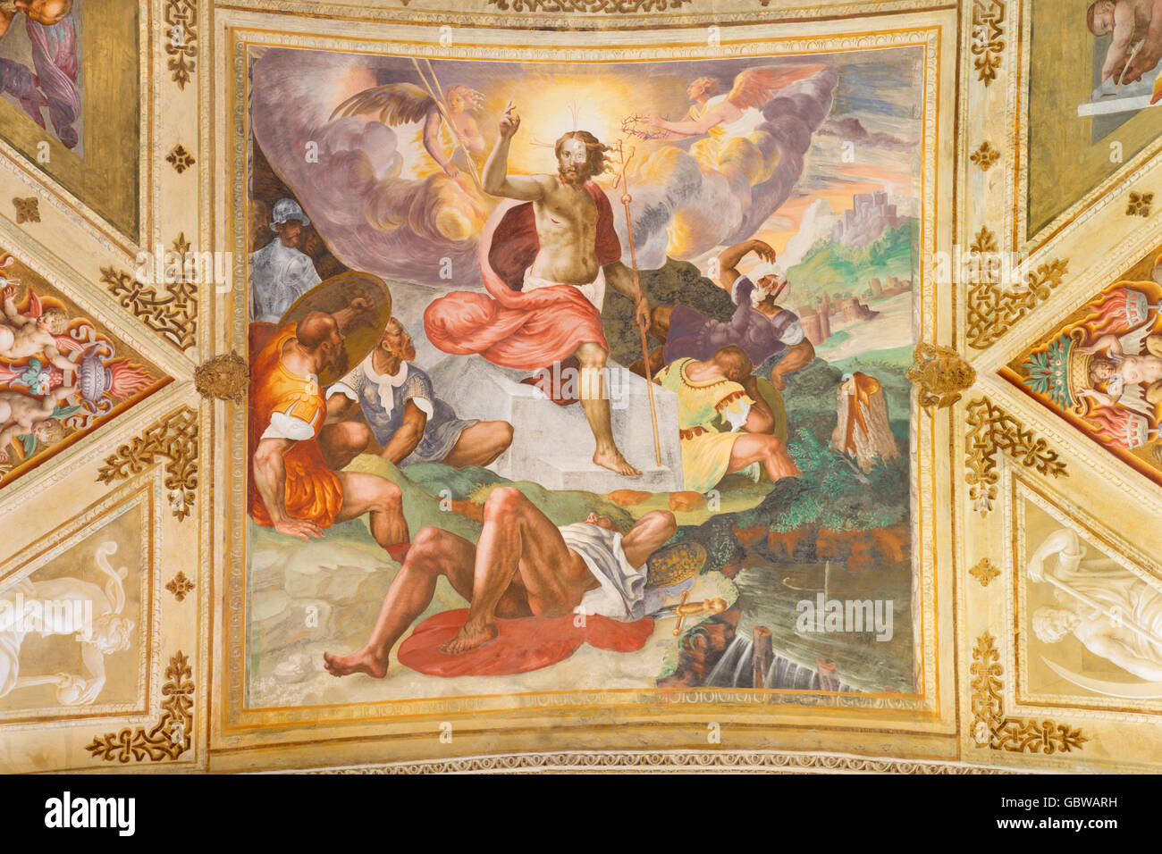 CREMONA, ITALY - MAY 24, 2016: The Resurrection  fresco in the center of the vault in Chiesa di San Sigismondo by Giulio Campi Stock Photo