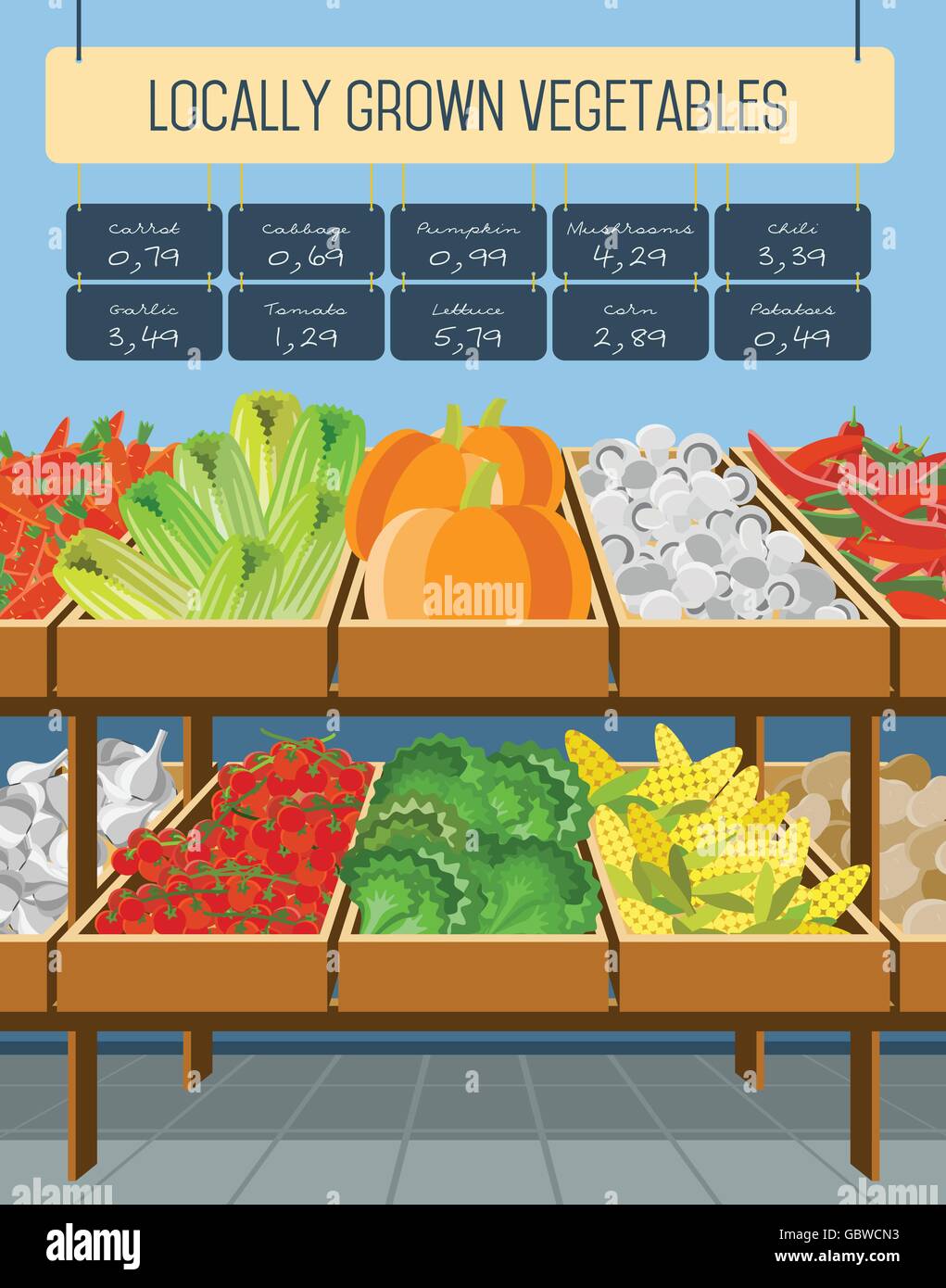 Supermarket shelves of vegetables Stock Vector Image & Art - Alamy