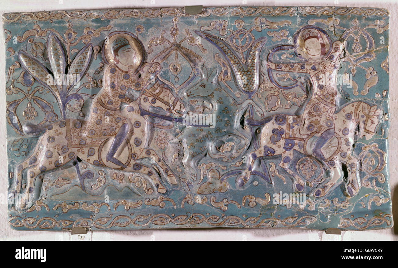 fine arts, Iran, glazed tile with hunting scene, in Minai - technique, circa 1200, State museum, Berlin, Stock Photo