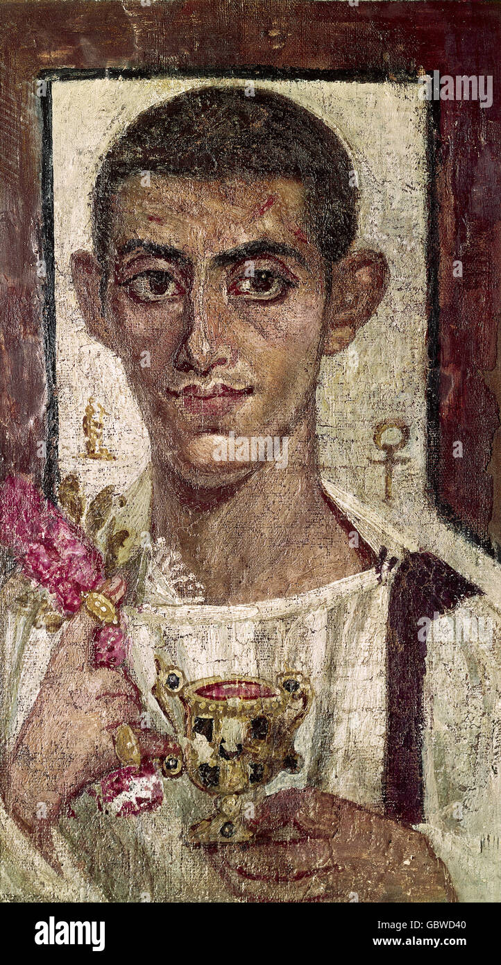 fine arts, Egypt, mummy portrait of a young man, Roman period, Early Christian, Louvre, Paris, Stock Photo