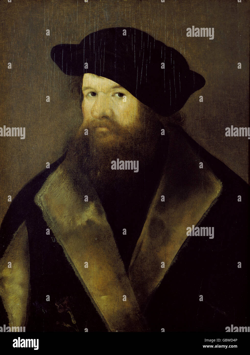 people, men, portrait of a man, probably a Russian merchant, anonymous painting, 15th / 16th century, historic, historical, fine arts, headdress, full beard, collar, black, dark, cap, male, Additional-Rights-Clearences-Not Available Stock Photo