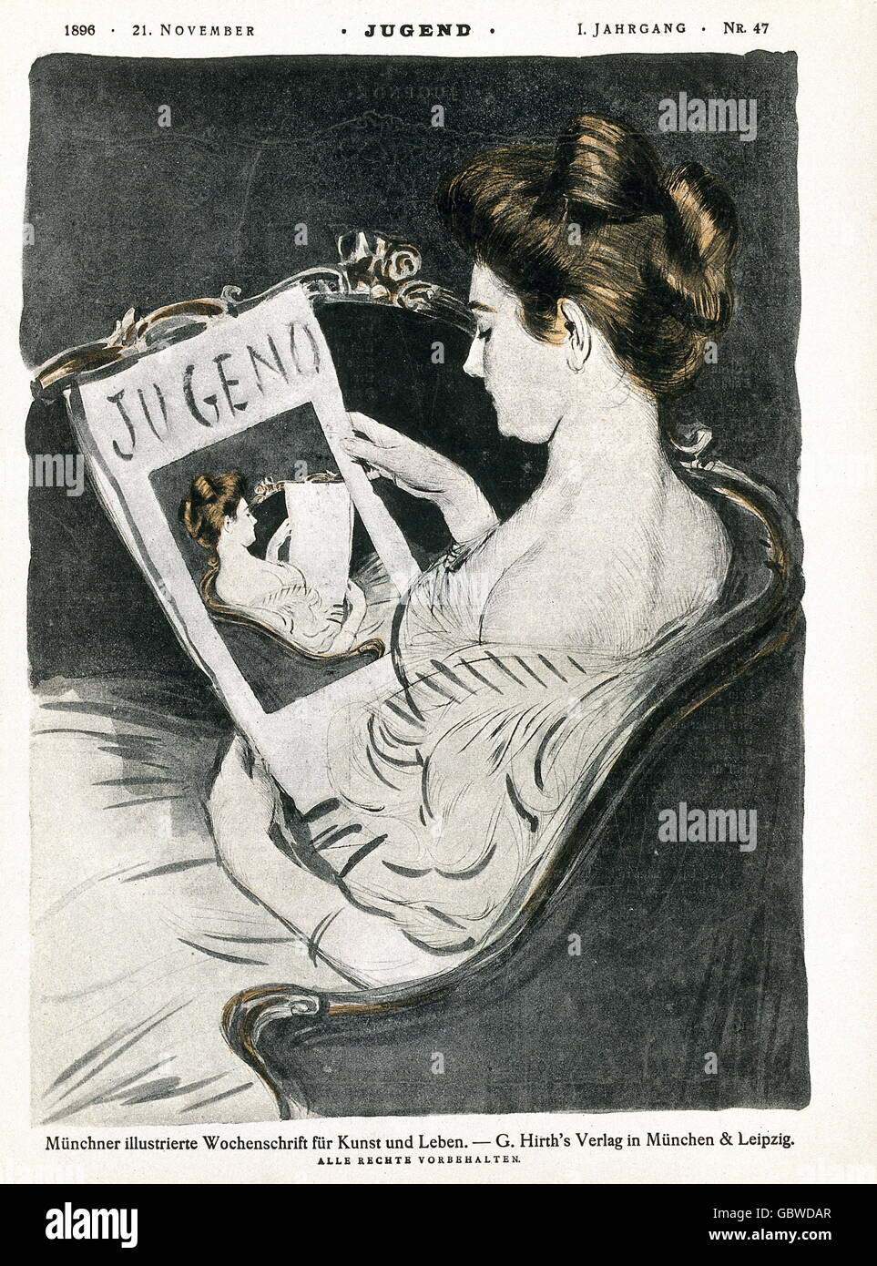 press / media, magazines, Germany, 'Jugend' (Youth), number 47, volume 1, title, G. Hirth's publishing house, Munich & Leipzig, 21.11.1896, Additional-Rights-Clearences-Not Available Stock Photo