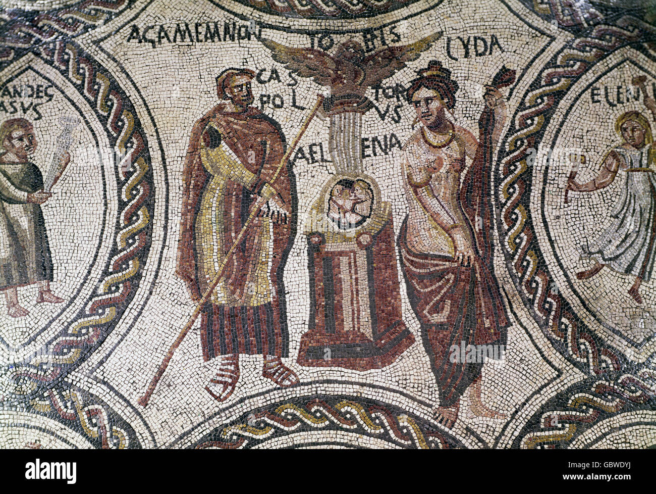 fine arts, Roman Empire, mosaic, mystery mosaic, scene fron Greek mythology, nativity of Castor and Pollux, circa 3rd century AD, Rhenish State Museum Trie, Stock Photo