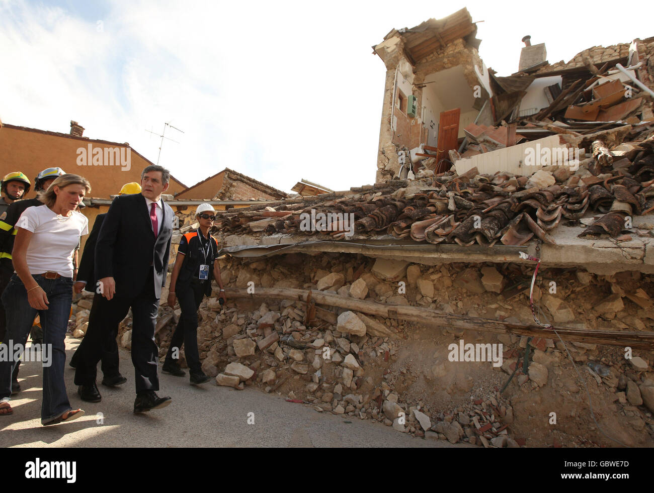 Prime Minister Gordon Brown visits the ruined village of Onna near L'Aquila, Italy which was at the epicentre of the earthquake which struck the region on April 6, 2009. Stock Photo