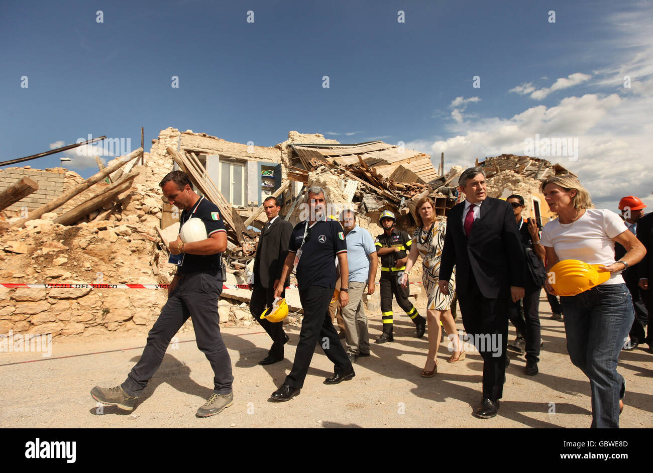 Prime Minister Gordon Brown visits the ruined village of Onna near L'Aquila, Italy which was at the epicentre of the earthquake which struck the region on April 6, 2009. Stock Photo