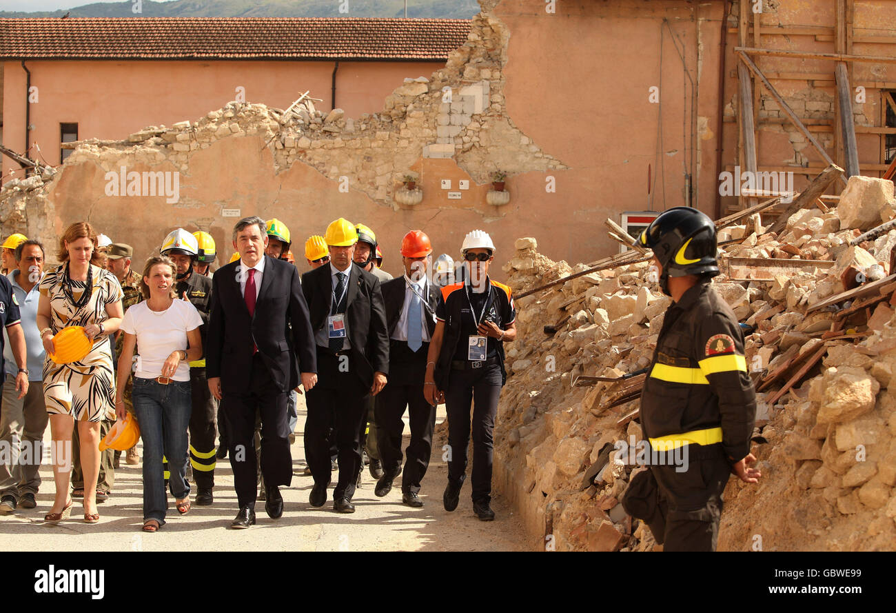 Prime Minister Gordon Brown and wife Sarah visit the ruined village of Onna near L'Aquila, Italy which was at the epicentre of the earthquake which struck the region on April 6, 2009. Stock Photo