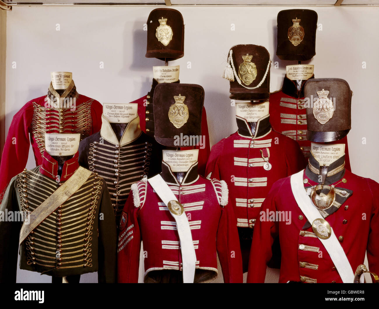 military,Germany,Hanover,uniforms,King's German Legion and Landwehr,1803 - 1816,Bomann Museum Celle,Germany,from left to right: Hussar Regiment von Estroff,officer 1813,Royal Riding Artillery,officer 1803 - 1816,Royal 3rd Hussar Regiment,Feldwebel 1812 - 1816,Landwehr Battalion Verden,officer 1815,Royal 7th Line Battalion,Grenadier Sergeant,Royal 4th Line Battalion,NCO,Field Battalion Verden,officer 1815,Royal 1st Line Battalion,officer,parade uniform,infantry,cavalry,tunic,shako,Napoleonic Wars,War of the Sixth Coalition,19th cen,Additional-Rights-Clearences-Not Available Stock Photo