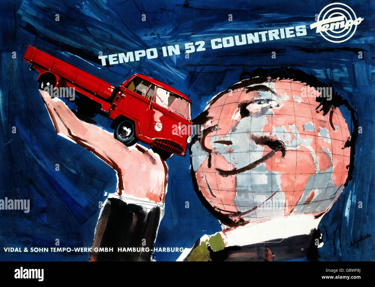 advertising, car, Tempo delivery van, advertising poster of Vidal & Son  Tempo factory company, "Tempo in 52 Countries", Hamburg, Germany, 1955,  Additional-Rights-Clearences-Not Available Stock Photo - Alamy