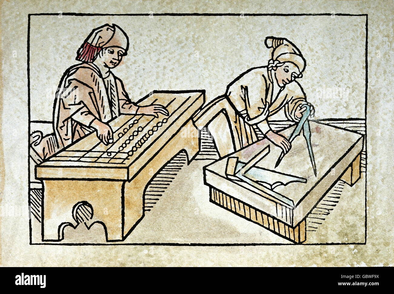 people, professions, master builder with abacus and stonemason at work, woodcut, coloured, from Rodericus (Sancius de Arevalo), 'Spiegel des menschlichen Lebens' (Mirror of Human Life), Augsburg, Germany, 1479, Additional-Rights-Clearences-Not Available Stock Photo