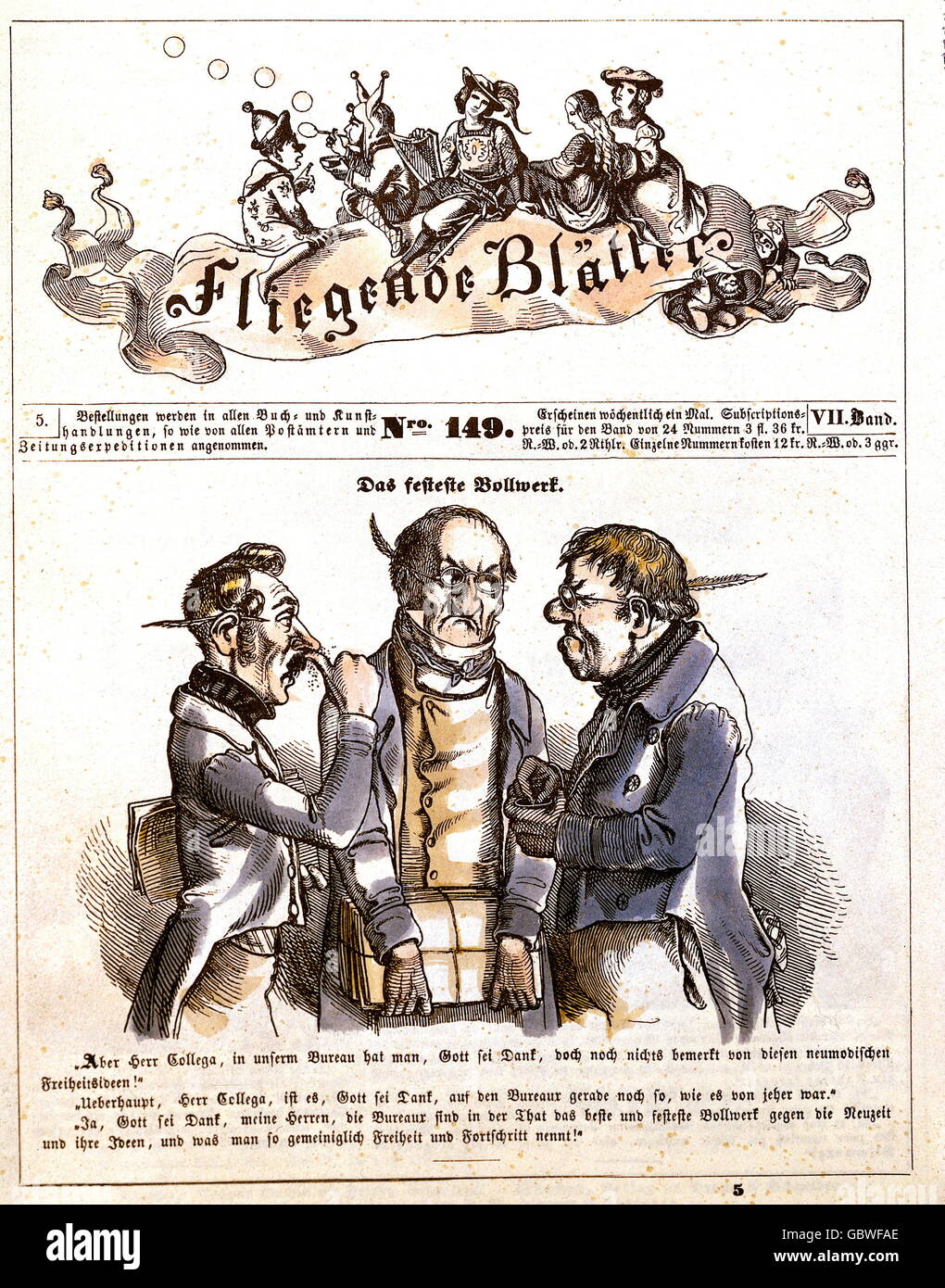 politics, caricatures, 'Das festeste Bollwerk' (The strongest fortress',  caricature about the civil servants, cover, 'Fliegende Blaetter' (Flying leaves), No. 149, Munich, 1847, Additional-Rights-Clearences-Not Available Stock Photo