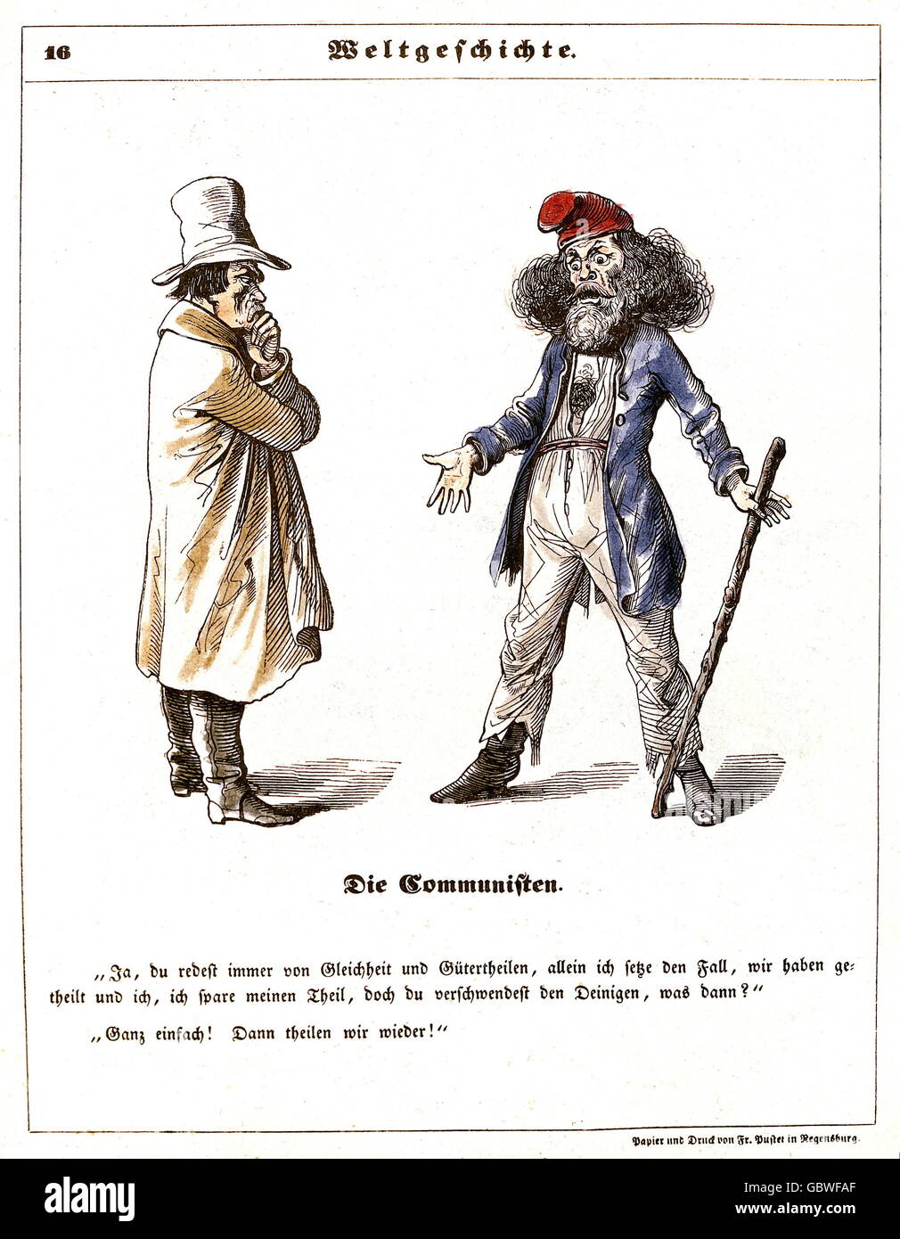 politics, caricature, 'The Communists', wood engraving, coloured, colored, 'Leaflets', published by Verlag Braun & Schneider, private collection, Munich, 1844, Additional-Rights-Clearences-Not Available Stock Photo