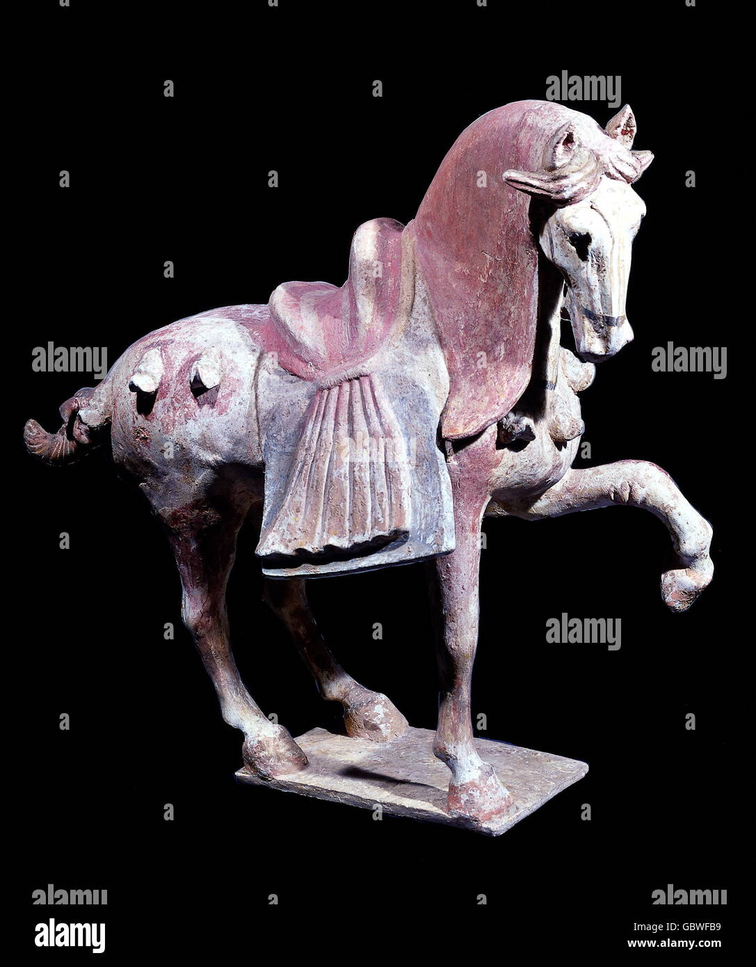 fine arts, China, ceramic, saddle horse, fired clay with ornamental painting, 42.5 centimeter high, Tang dynasty (618 - 906), Ethnological Museum Berlin, Stock Photo