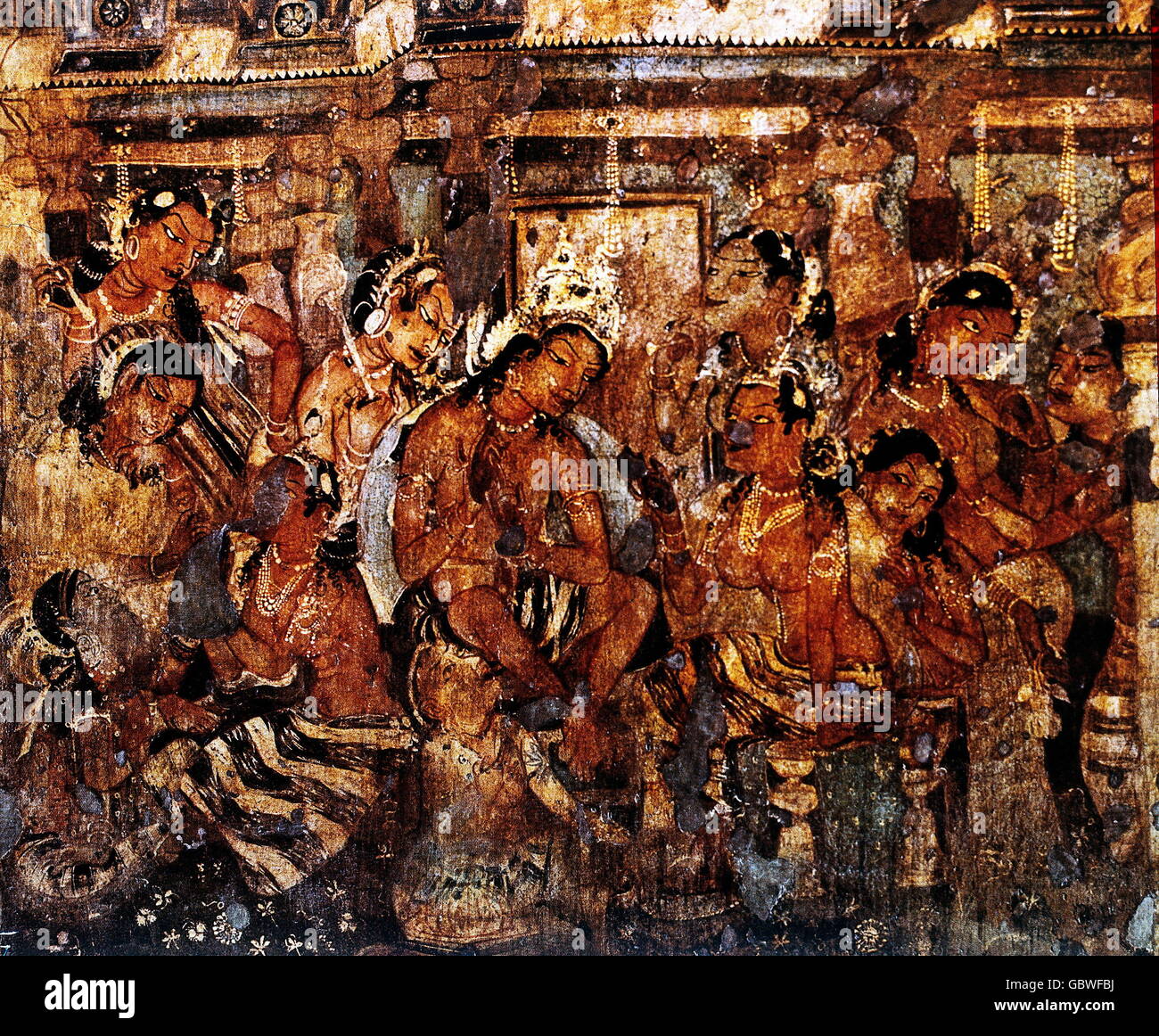 fine arts, India, frescos, "Royal Harem", Aianta, The Jataka tales, legend,  ceiling fresco in the cavern No. 1, Dekhan, Indian Peninsula, Gupta period,  5th / 6th century Stock Photo - Alamy
