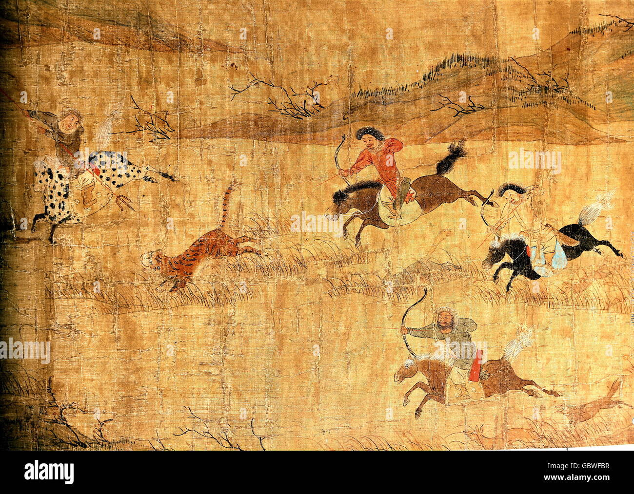 fine arts, China, Dshau Tse Nag (1265 - 1307), hunting expedition of the emperor Tomor, scroll painting, painting on silk, circa 1300, 308x42 centimeter, Yuan Dynasty, private collection, Stock Photo