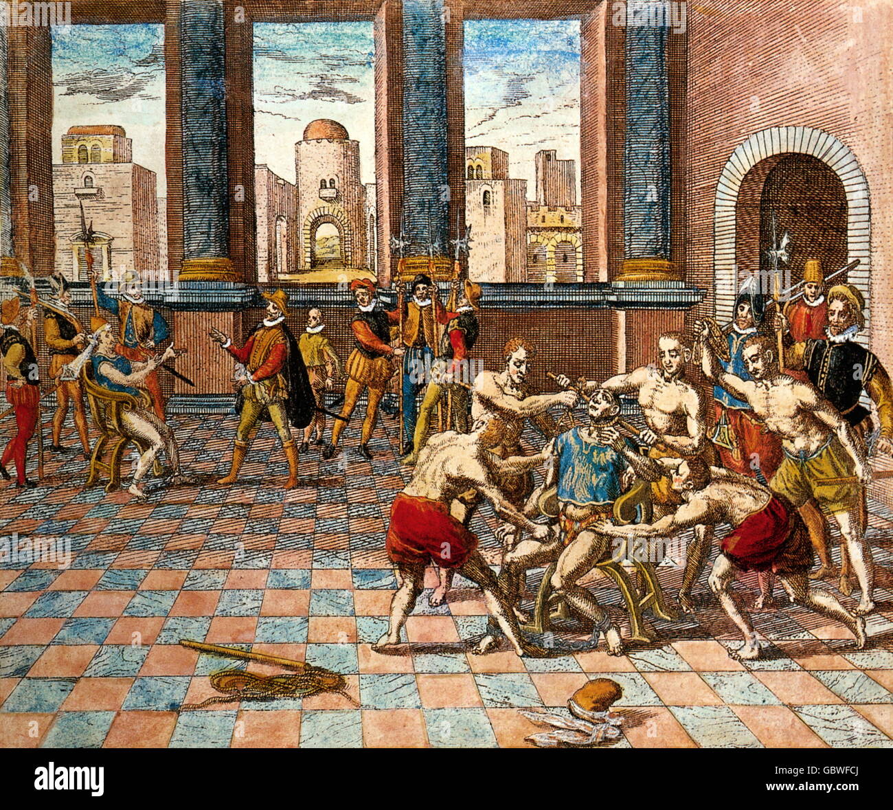 geography / travel, Peru, Spanish conquest 1531 - 1534, execution of Inca Atahualpa, coloured copper engraving to the 'travelling' of Theodor de Bry, Frankfurt am Main, 1597, Additional-Rights-Clearences-Not Available Stock Photo