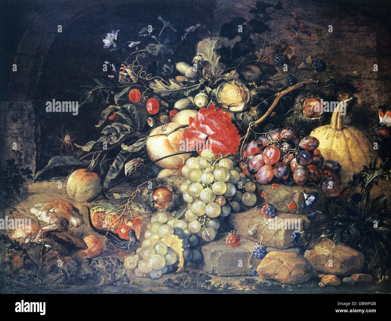 fine arts, Heem, Jan Davidszoon de (1606 - 1684), painting, 'Fruits in front of Old Brickwork', oil on oakwood, Gallery Alte Meister, Dresden, Stock Photo