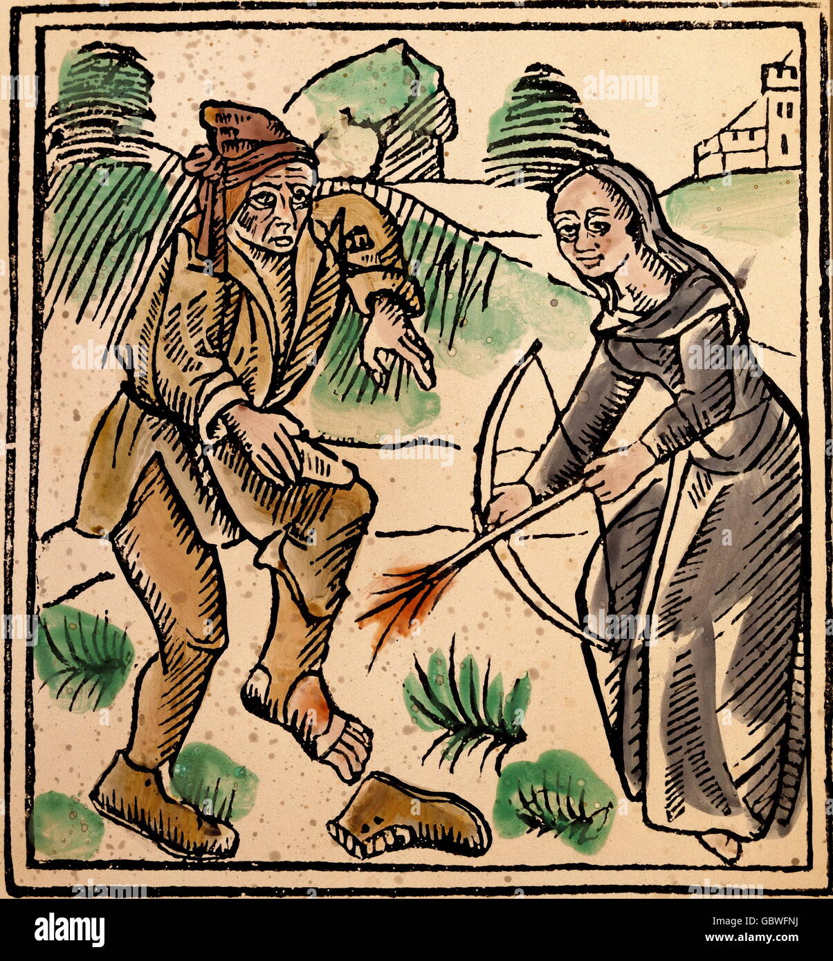 witches, witch inducing lumbago, coloured woodcut to 'Con Hexen und boesen Weibern' (About witches and bad women) by Ulrich Molitor, Reutlingen, Germany, 1484, Additional-Rights-Clearences-Not Available Stock Photo