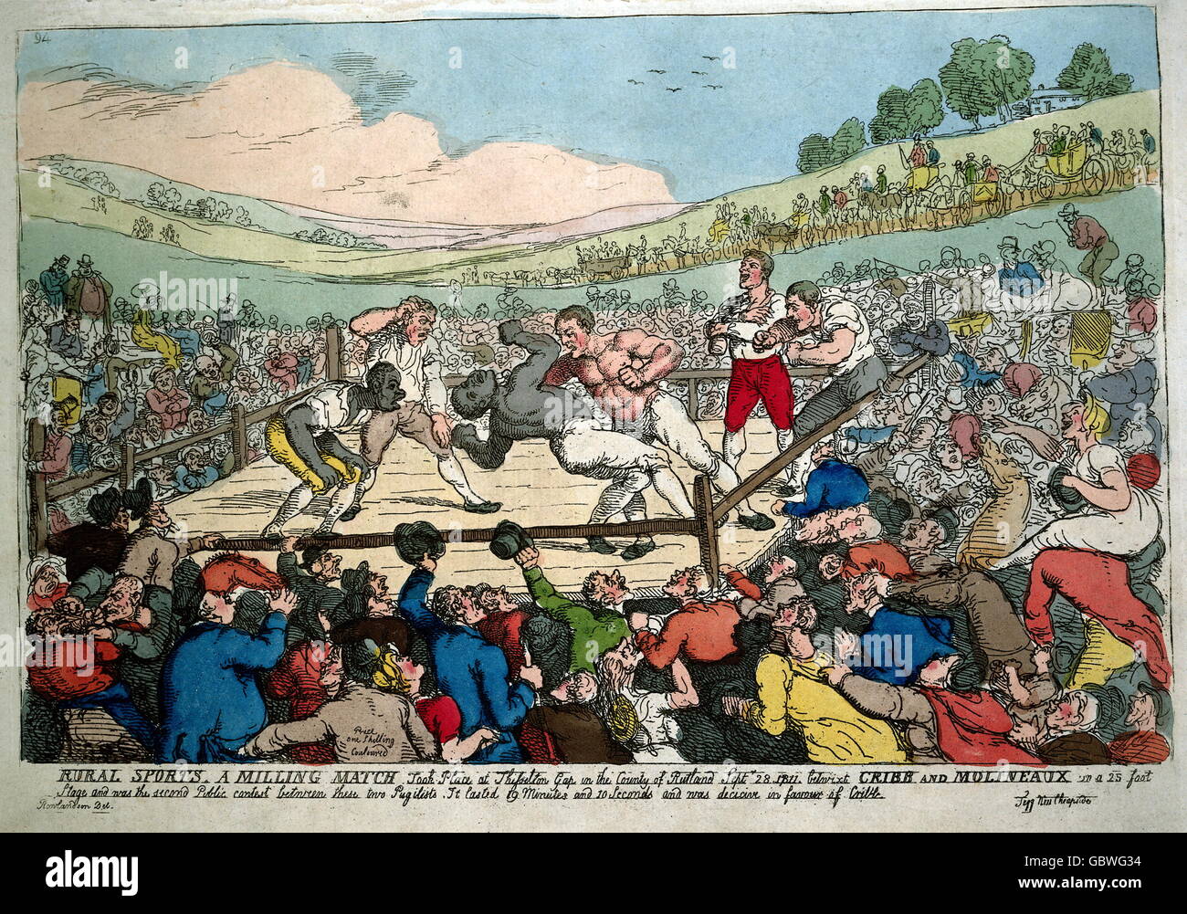 sports, boxing, fight Molineux versus Gribb, 18.9.1811, coloured aquatint by Thomas Rowlandson (1756 - 1827), printed by Th. Tegg, London, 38.5x26 centimeter, municipal museum Munich, Puppentheater museum, 'Rural Sports', winner Gribb after 19 minutes 10 seconds, Additional-Rights-Clearences-Not Available Stock Photo