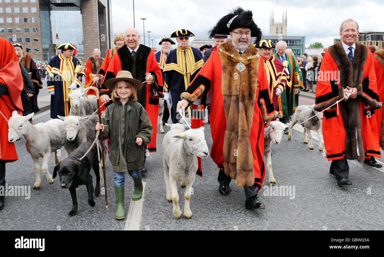 Lord Mayor of London, Alderman Ian Luder, is accompanied by shepherdess Henrietta Cropper, 6, her dog, Try, various Aldermen and a herd of Herdwick sheep brought from Laithes, Cumbria by farmer Mike Beaty, as he exercises his ancient right to drive the woolly animal toll free over the river at London Bridge. Stock Photo