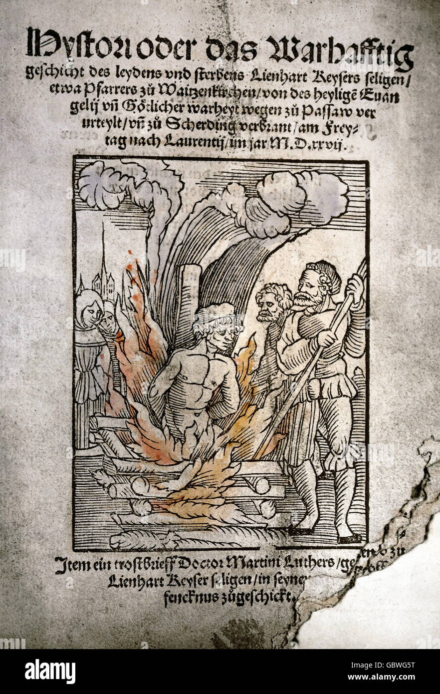 justice, inquisition, burning of the Lutheran clergyman Lienhart Keyser by the order of the bishop of Passau, Schaerding / Inn, 1527, Additional-Rights-Clearences-Not Available Stock Photo