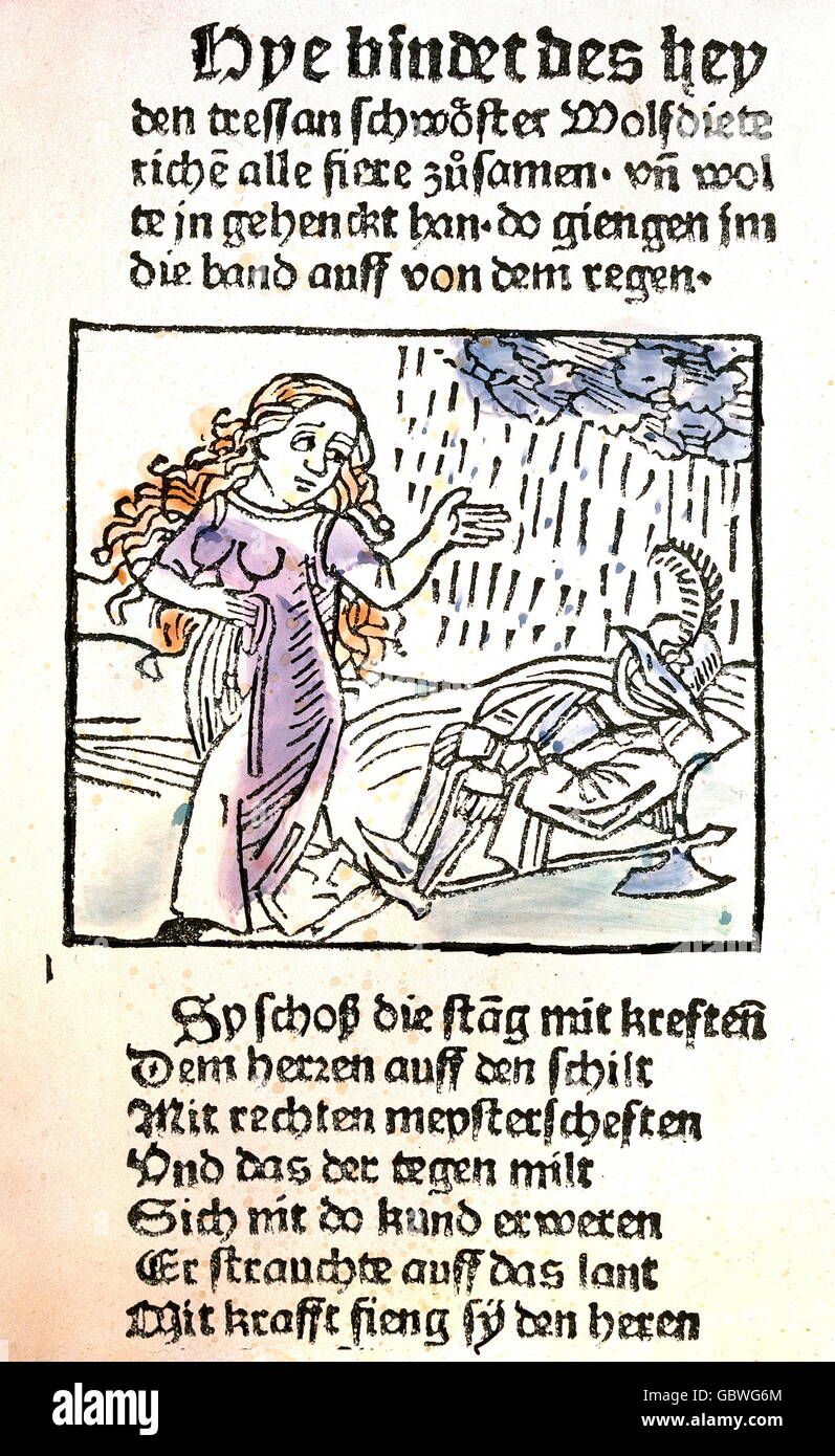 literature, legends and saga, Wolfdietrich saga, 13th century, Wolfdietrich defeated and captured by giant, the cords become soften in the rain, coloured woodcut, Ulm, circa 1490, Additional-Rights-Clearences-Not Available Stock Photo
