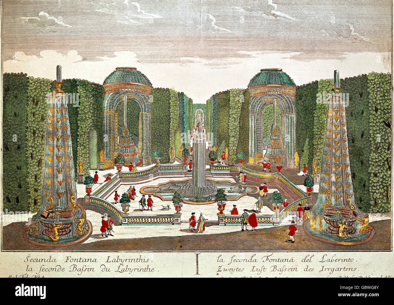 architecture, garden, garden labyrinth, zograscope picture, 27.5x42.5 centimeter, coloured copper engraving by Baltasar Probst, Augsburg, Germany, middle of the 18th century, municipal museum Munich, labyrinth, maze, mazes, labyrinth, maze, labyrinth, knot garden, mazes, labyrinths, knot gardens, landscaping, park, parks, rococo, fountain, fountains, strolling, walk, walking, promenading, stroll, court society, garden, gardens, hedge, hedges, pavilion, pavilions, landscaping, garden, gardens, coloured, colored, historic, historical, people, Additional-Rights-Clearences-Not Available Stock Photo