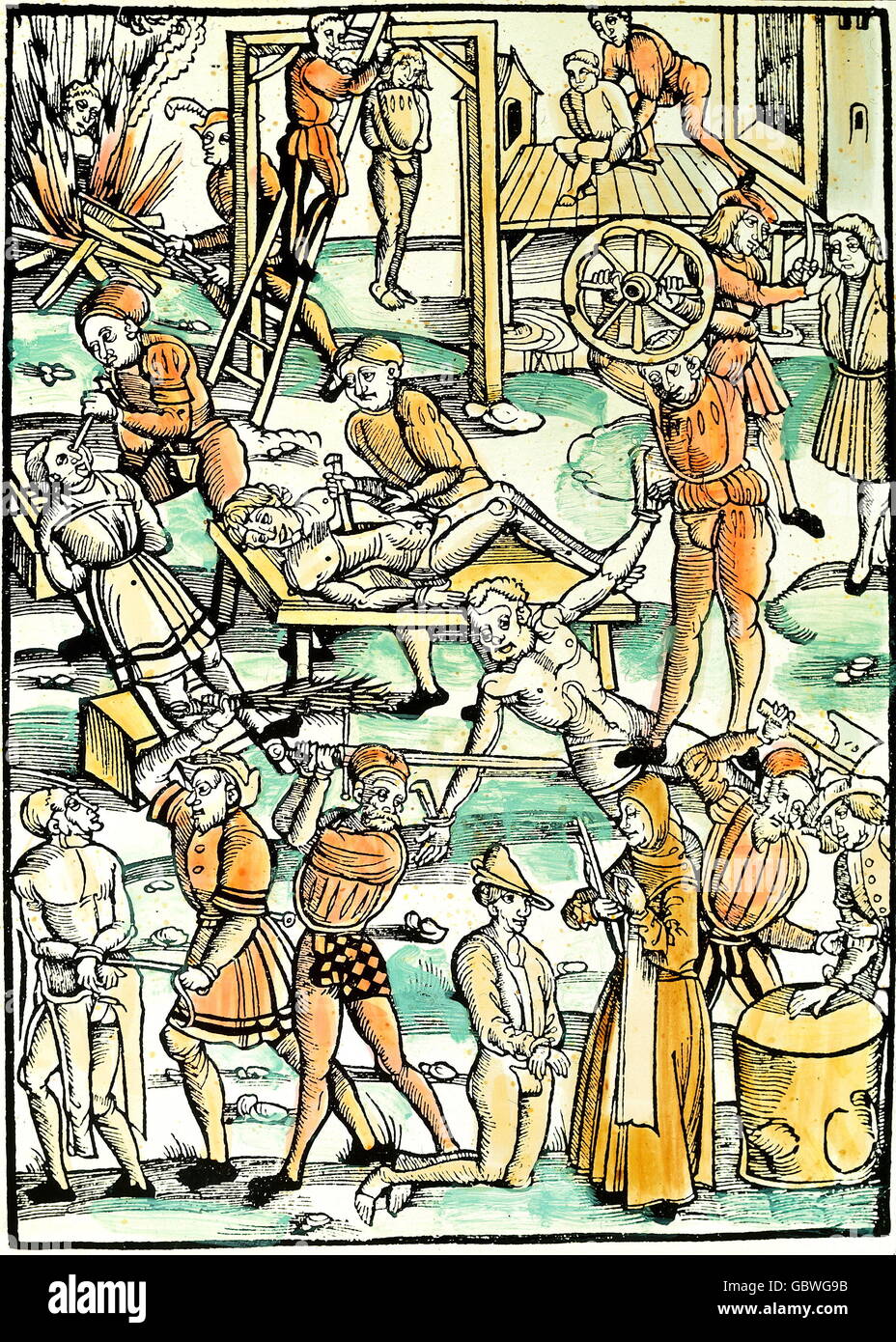 justice, penitentiary system, different types of penalty, coloured woodcut from 'Laienspiegel' by Ulrich Tengler, printed by Johann Schoeffer, Mainz, 1508, private collection, Additional-Rights-Clearences-Not Available Stock Photo