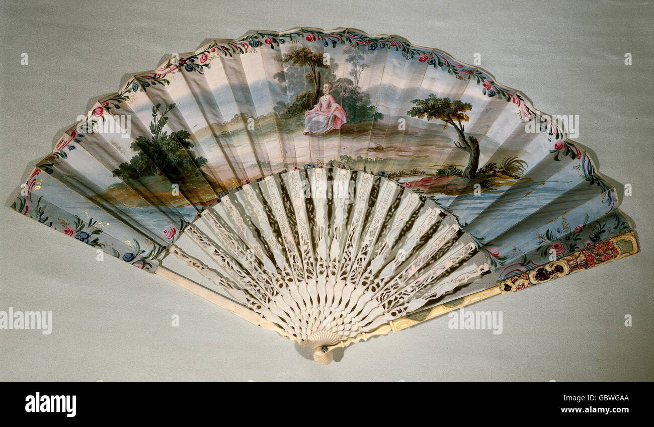 fine arts, fan, reverse side, sitting lady on a isle, covering colour on cardboard, ivory handle, Southern Germany, circa 1760, Bavarian National Museum Munich, Stock Photo