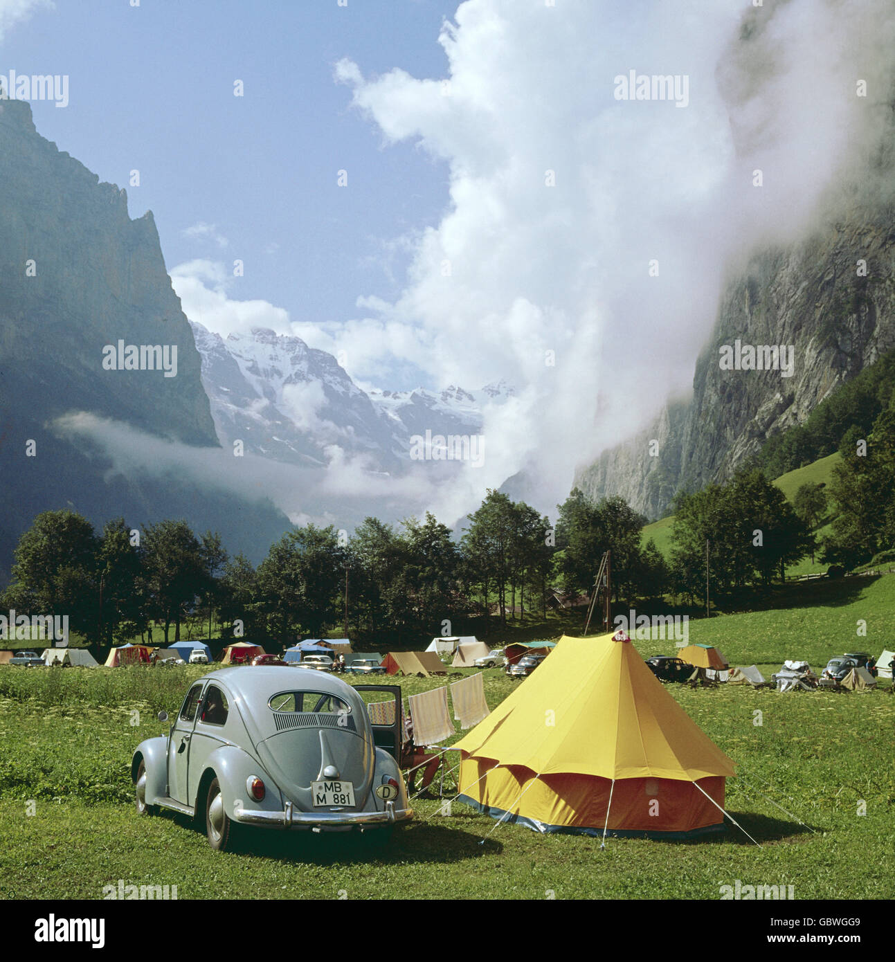 Tourism Camping Camping Place In The Mountains Lauterbrunnen Staubbach Falls On The Right Switzerland 1960s Additional Rights Clearences Not Available Stock Photo Alamy